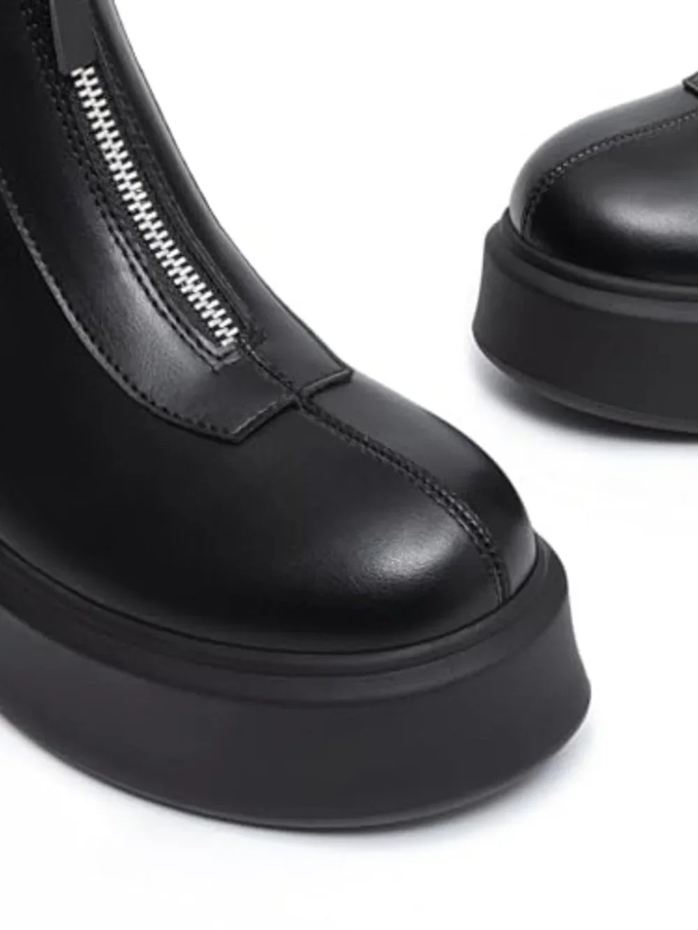 Faux Leather Platform Ankle Boots with Zipper Chunky Low Heel Round Toe